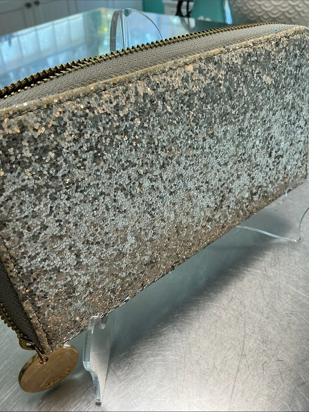 Deux lux chunky Beaded Silver glitter clutch/wallet.